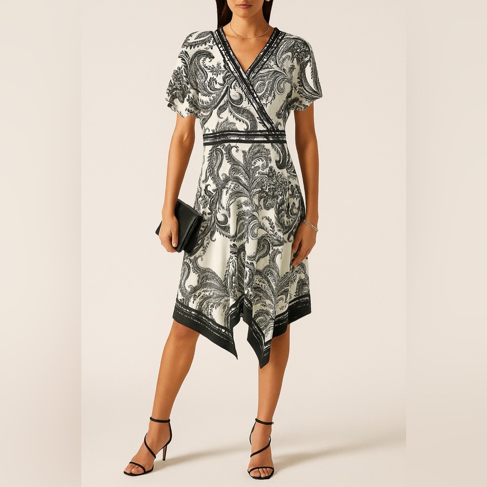 ECI New York Black & White Paisley Spandex Midi Dress Boho Chic Handkerchief Hem